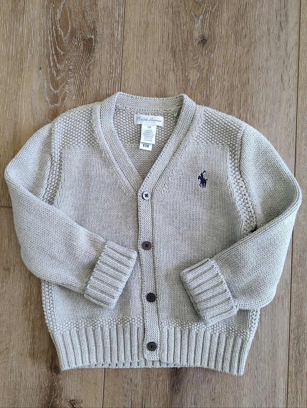 Ralph Lauren Baby 18M Gray Cotton Knit Button Cardigan Sweater Pony Logo Toddler